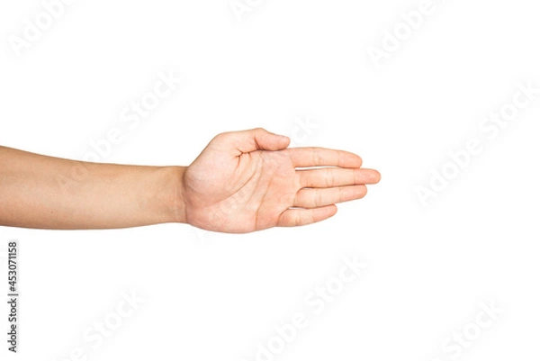 Fototapeta Close up of open hand gesture isolated with white background. Karate chop hand gesture.