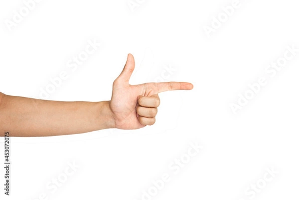 Fototapeta Close up of gun hand gesture isolated with white background. Pistol hand gesture. Pointing hand gesture.