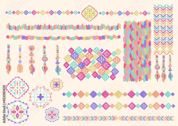 Fototapeta エスニック　北欧風　レトロポップ　線　枠　フリンジ　編み物　素材セット　おもちゃ