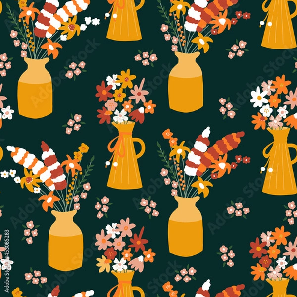 Fototapeta Autumn Flower vase seamless vector pattern. Repeating horizontal background with colorful fall flowers. Use for autumn decor, Thanksgiving, fabric, wrapping, home decor.