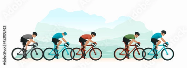 Fototapeta Cycling tournament. Cyclists chase the leader of the race. The head of the peloton. The cyclist is trying to break away from pursuers. Vector flat design banner panoramic illustration isolated