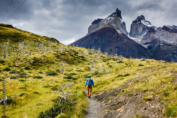Fototapeta Traveler with Backpack hiking in Torres del Paine national park, Patagonia, Chile