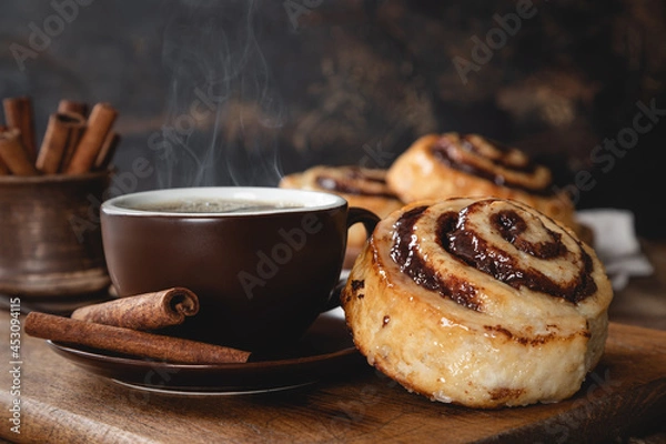 Fototapeta Cinnamon roll and hot coffee