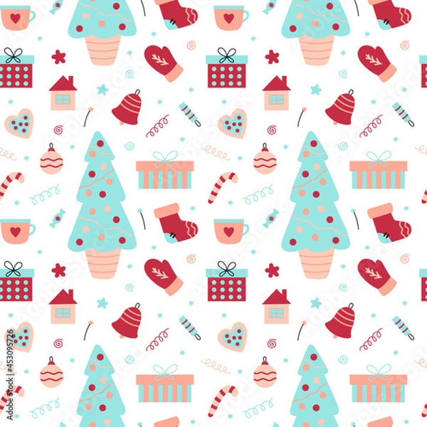 Fototapeta Bright background with a Christmas tree, gifts and Christmas decorations. Ideal for creating Christmas gift wrapping, textiles and other printing products. Original design. Flat style. Festive mood. 
