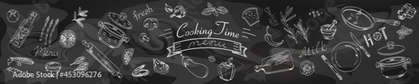 Obraz Drawing with chalk on a blackboard with vegetables and kitchen utensils, cook