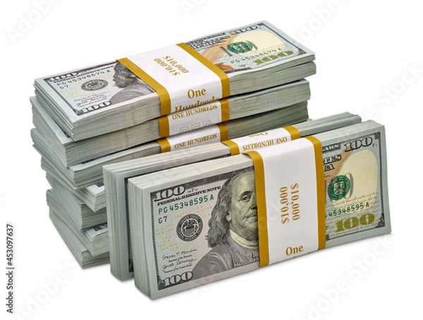 Fototapeta New design dollar bundles stack of bundles of 100 US dollars isolated on white background. Including clipping path