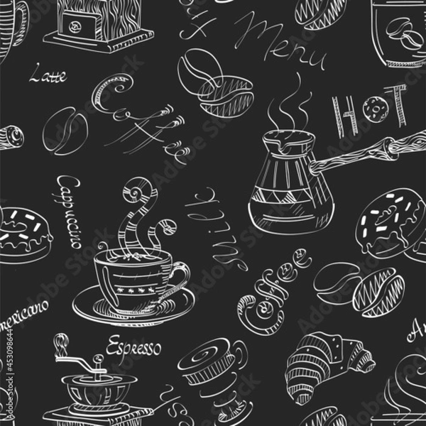 Obraz Coffee on a blackboard panel seamless pattern for the kitchen, cafe.
