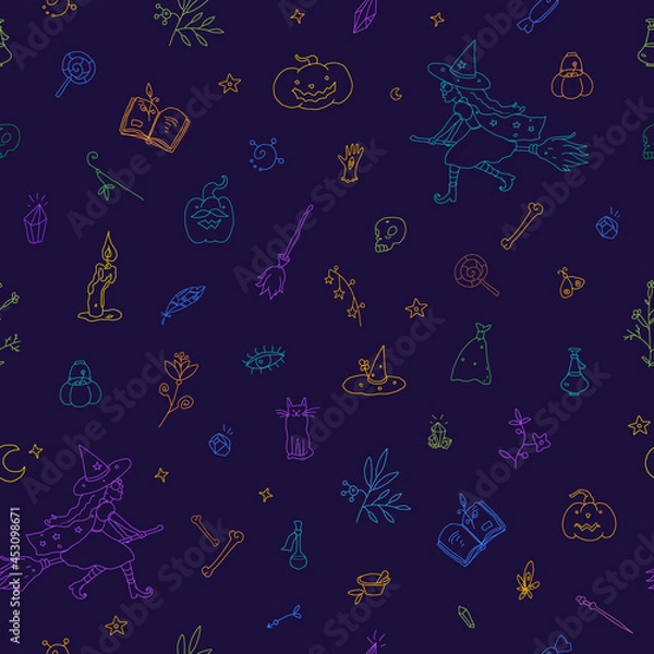 Fototapeta Halloween Seamless Vector Pattern on dark violet background. Hand-drawn style. Doddles. Bright simple lines. Witch, candies, skull, herbs, bottles, pumpkins for print or web design.