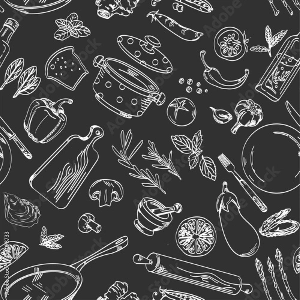 Obraz Drawing with chalk on a blackboard seamless pattern with vegetables and kitchen utensils, cook