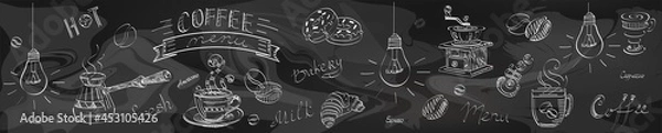 Fototapeta Coffee on a blackboard panel for the kitchen, cafe.