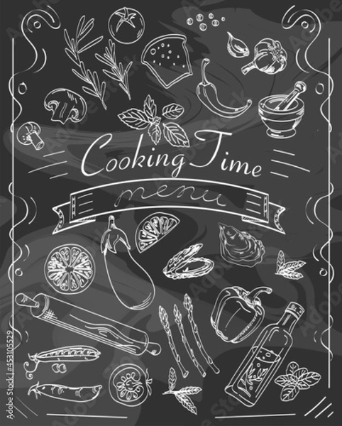Obraz Drawing with chalk on a blackboard with vegetables and kitchen utensils, cook