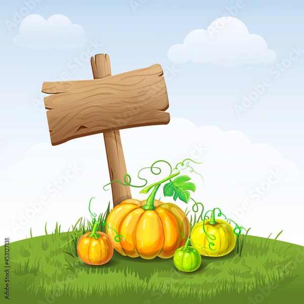 Fototapeta beautiful autumn landscape with pumpkins and wooden signboard. illustration of fall harvest with blank signpost on grass or field. hello autumn poster, fall festival or Thanksgiving banner template.