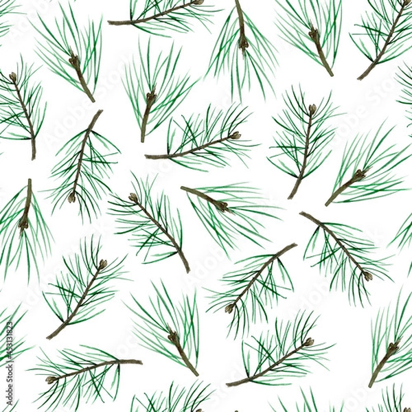 Fototapeta Pine branches and needles watercolor seamless pattern. Template for decorating designs and illustrations.