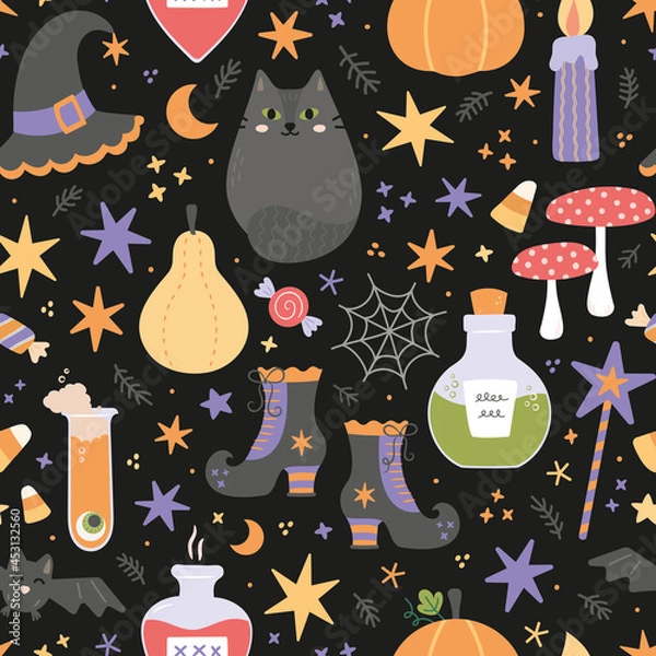 Fototapeta Halloween seamless vector pattern design with witch, wizard, ghosts, skull, pumpkins, candy, potions, black cat