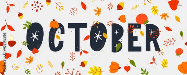 Fototapeta October lettering text sale vector banner with colorful autumn leaves
