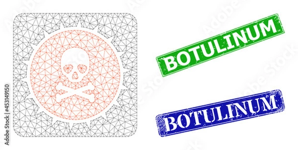 Fototapeta Mesh pandora box model, and Botulinum blue and green rectangle textured stamps. Mesh carcass illustration is created from pandora box icon. Stamps have Botulinum title inside rectangle shape.