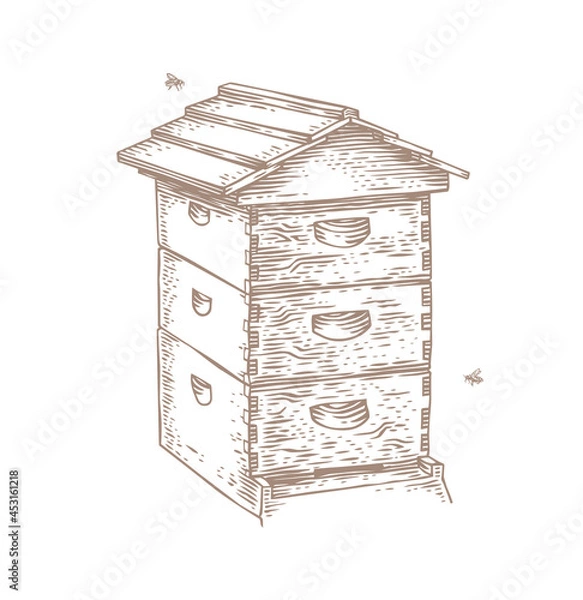 Obraz Isolated wooden bee hive and two bees