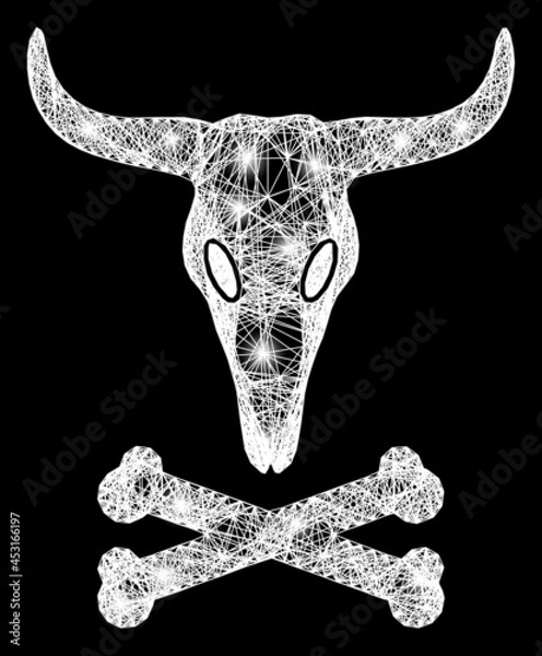Fototapeta Glowing crossing mesh dead bull bones frame with glowing spots. Constellation vector model created from dead bull bones symbol and crossed white lines. Sparkle frame mesh dead bull bones,
