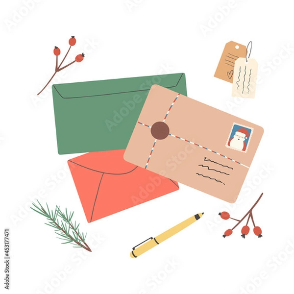 Fototapeta Set of different Christmas envelopes with mail, postage stamps and postcards, parcels, vector flat illustration.Set of various craft paper letters.