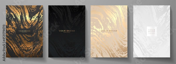 Obraz Modern elegant cover design set. Luxury fashionable background with abstract marble pattern in gold, black, silver color. Elite premium vector template for menu, brochure, flyer layout, presentation