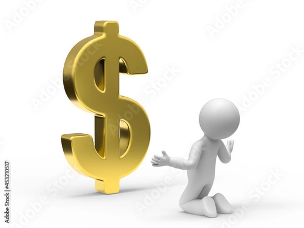 Fototapeta 3d man kneels down to the big dollar sign.