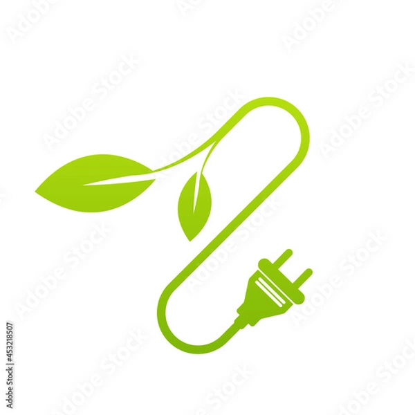 Obraz electric plug with green leaves. Green renewable innovative energy concept. Isolated illustration