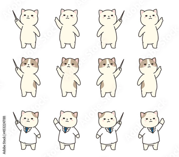 Obraz 指さしをする猫のイラストセット。白衣。指揮棒。