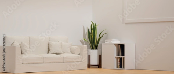 Fototapeta Modern minimal living room with comfy sofa, poster mockup on wall, white wall, 3d rendering