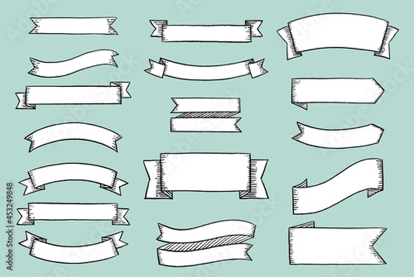 Fototapeta Set of hand drawn retro ribbons and labels isolated on grey background