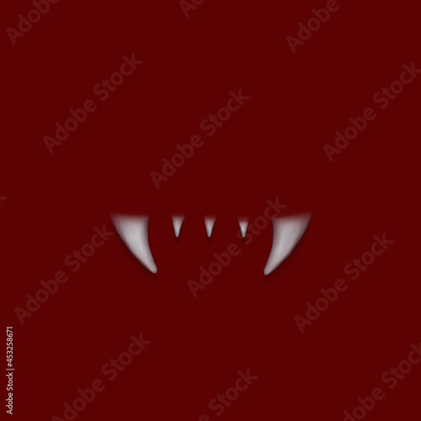 Fototapeta Vampire white teeth on the dark red background. Flat lay. Scary halloween teeth.
