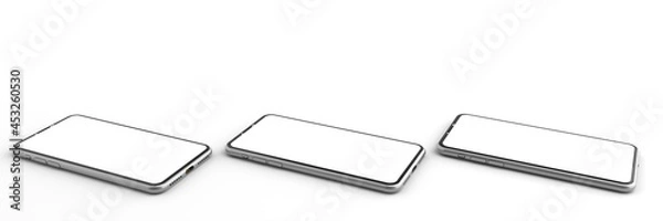 Fototapeta 3D rendering of mockups Smartphone white screen on white floor, Mobile phone mockup tilted to the ground. Smartphone white screen can be used for commercial advertising, Isolated on white background.