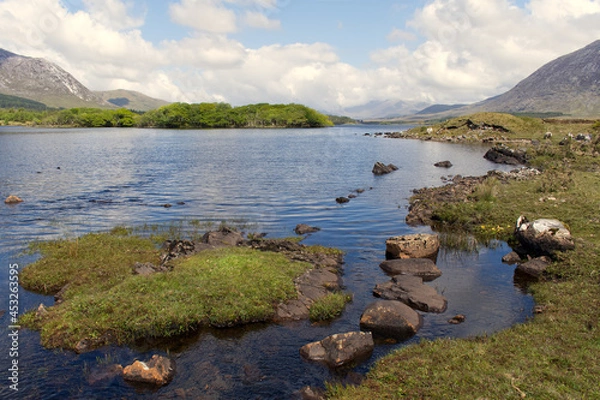 Obraz Beautiful landscape scenery of lough inagh with mountains and trees in the background at Connemara National park in county Galway, Ireland 