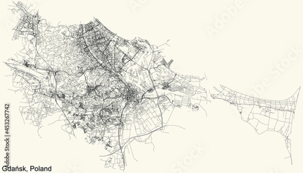 Fototapeta Black simple detailed street roads map on vintage beige background of Gdansk, Poland
