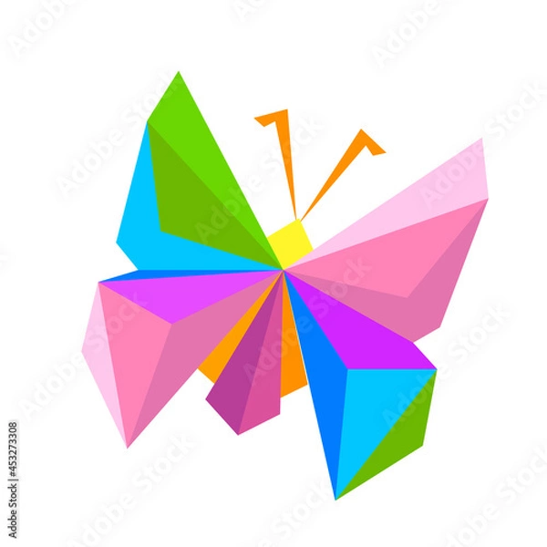 Fototapeta Vector image of a butterfly made of paper, origami craft. Multicolored colors, perfect curves.