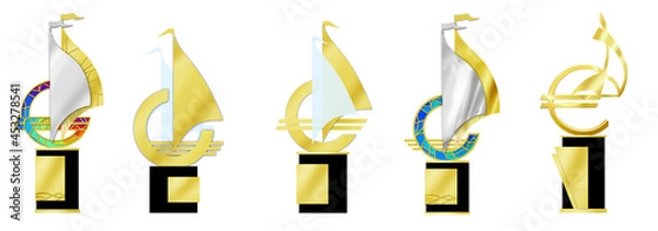 Fototapeta Set of five designed symbols of ships with sails on a white background