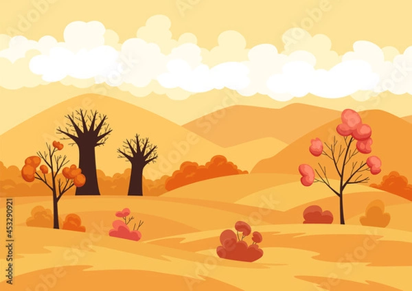 Obraz  autumn landscape field with trees and fallen yellow foliage. Countryside panorama view mountains and white clouds on orange sky. Fall season banner background