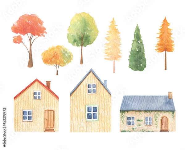 Fototapeta Watercolor autumn trees, cottage, house isolated on white background. Fall landscape. 