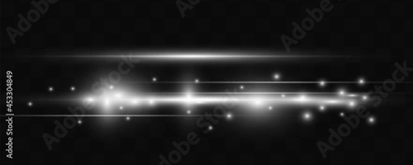 Fototapeta White horizontal lens flares pack. Laser beams, horizontal light rays.Beautiful light flares. Glowing streaks on dark background. Luminous abstract sparkling lined background.