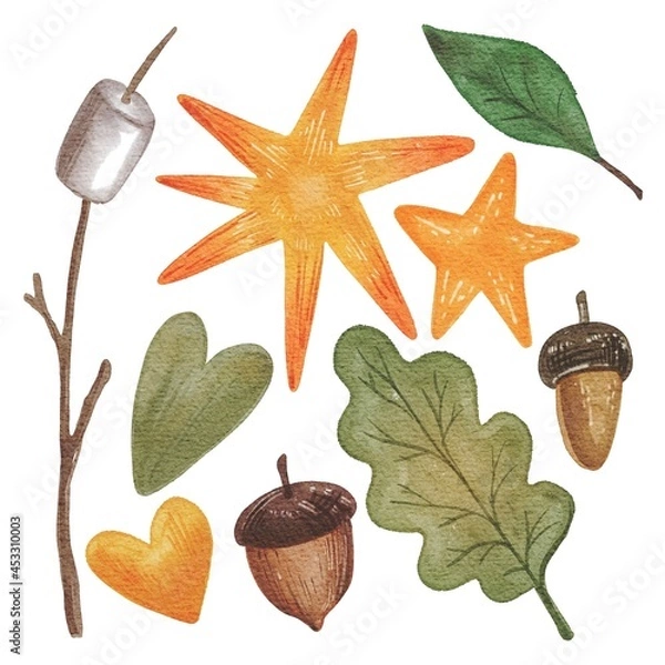 Fototapeta Hand drawing watercolor isolated caming forset set: leaves, stars, hearts, acorn, fried marshmallows. Use for poster, flyers, print, postcard, template, print, pattern, shop, advertising, stickers
