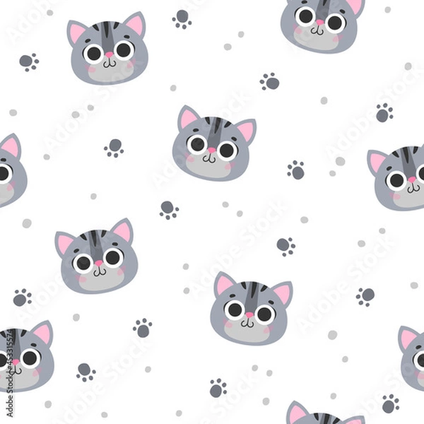 Obraz Seamless pattern with cute gray cat, kitty, kitten with black stripes, paws, word meow, purr on white background. Vector illustration, print for packaging, fabrics, wallpapers, textiles.