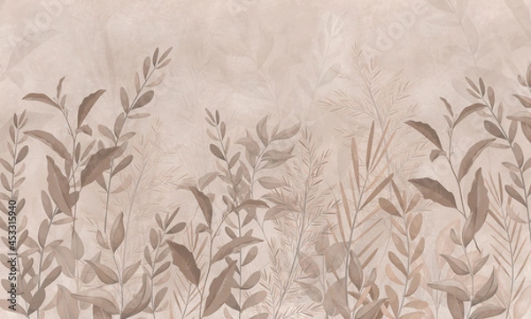 Fototapeta Photo wallpapers for walls. Beautiful leaves on a beige background. A mural for a room. Painted grass.