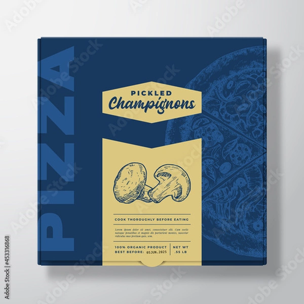 Fototapeta Pizza with Champignon Mushrooms Realistic Cardboard Box Mockup. Abstract Vector Packaging Design or Label. Modern Typography, Sketch Food and Color Paper Background Layout. Isolated