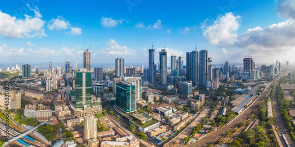 Obraz Aerial panoramic view Mumbai's Lower Parel skyline, with Worli, Prabhadevi, Elphinstone, Dadar and Bandra also visible.