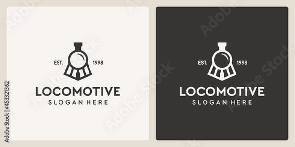 Fototapeta Simple vintage old locomotive train and magnifying glass logo design template.