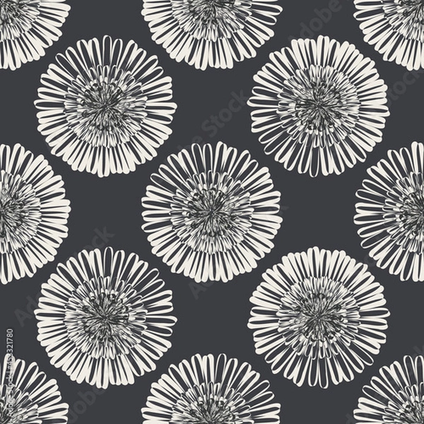 Fototapeta Modern abstract aster flower seamless pattern background. Geometric repeat with white black fall florals on light backdrop. Botanical lino print style design. Simple monochrome nature garden print
