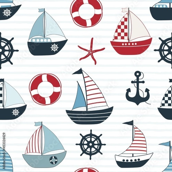 Fototapeta Seamless pattern with cartoon boats  and  nautical elements