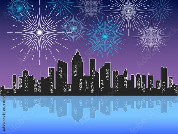 Fototapeta Festive fireworks display over the night city with reflection in water. Jpeg illustration of a city skyline with holiday or party sparks, celebration bright explosive in blue and white colors