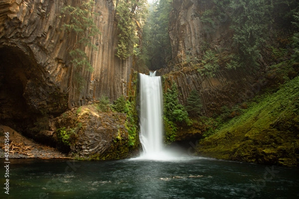 Obraz View of a cascading waterfall in Oregon. Toketee Falls is surrounded by green moss, trees, and basalt columns. The waterfall appears to be in a jungle.