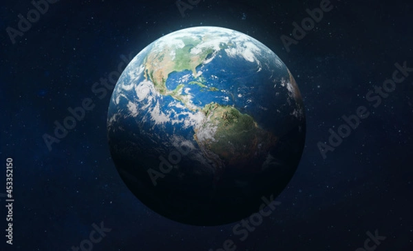 Fototapeta Earth planet in outer deep space. Orbit and atmosphere. Blue marble. Elements of this image furnished by NASA