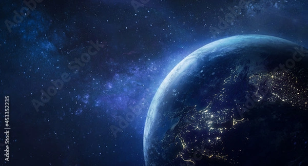 Fototapeta Earth planet in deep space. Outer dark space wallpaper. Night on planet with cities lights. Surface of Earth. Sphere. View from orbit. Elements of this image furnished by NASA